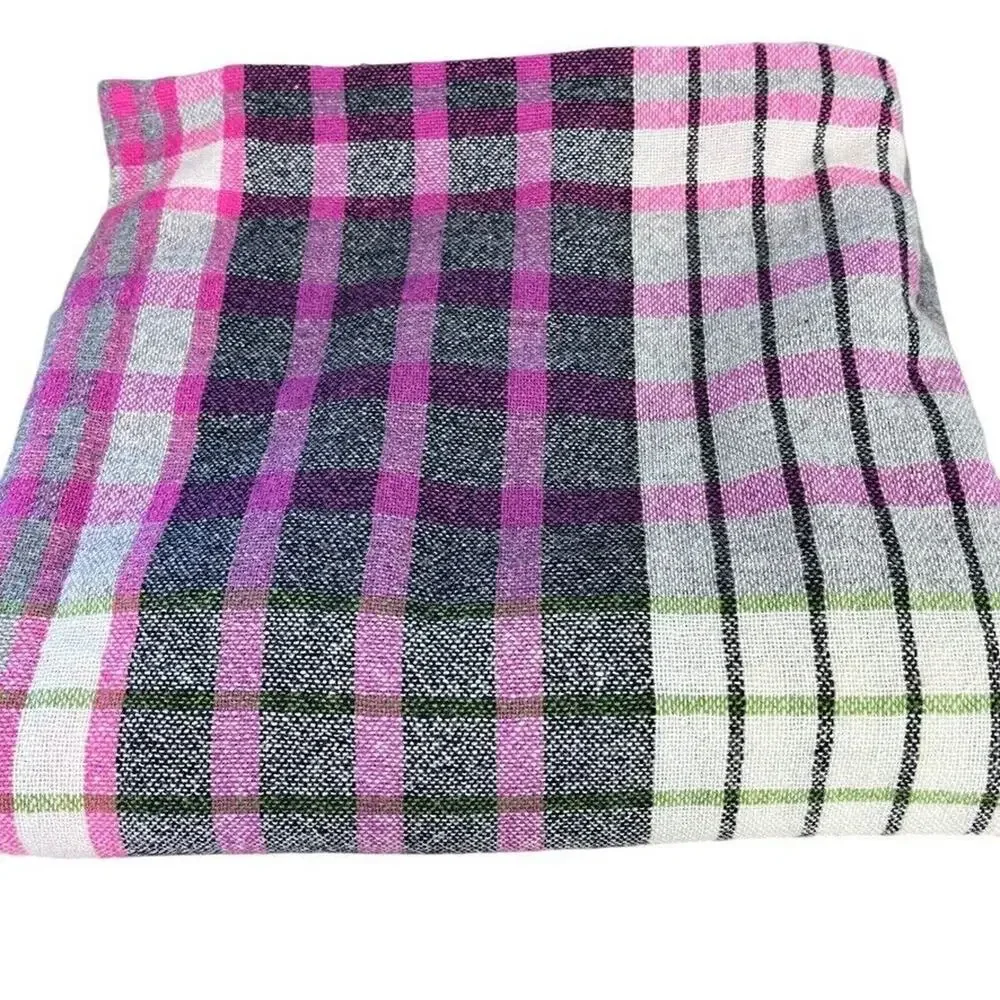 Talbots Womens Gray Pink Green Plaid Wool Fringe Scarf Wrap Warm Winter 54x58